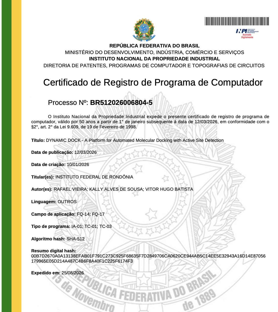 Certificado de registro do Dynamic Dock no INPI